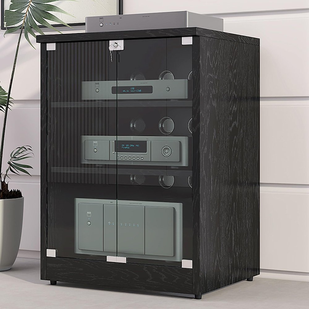 Portable Large Stereo Cabinet, Modern Audio-Video Media Stand, CD Player Stand, Particle Board, Double Glass Door Lock for Living, Recording Room-Easy To Assemble(Black,3-tier H80CM/31")