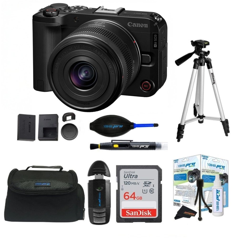 Canon EOS R50 V with RF-S14-30mm F4-6.3 is STM PTZ Lens with Sunshine Photo Travel Bundle + Tripod, 64GB SD Card, Large Camera Bag + More (Renewed)