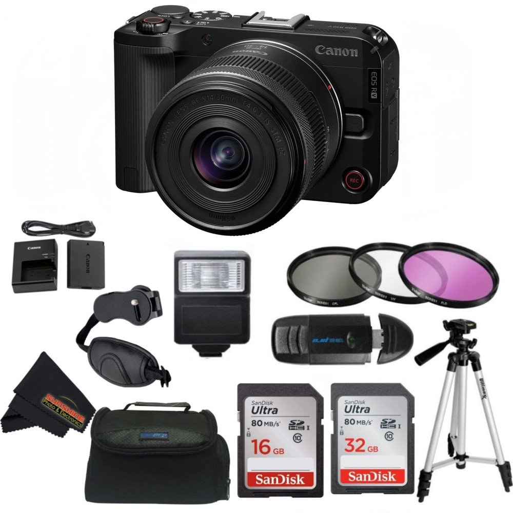 Canon EOS R50 V with RF-S14-30mm F4-6.3 is STM PTZ Lens with Sunshine Photo Pro Bundle (Renewed) (Camera w/Lens + Sunshine Photo Pro Accessories Bundle)