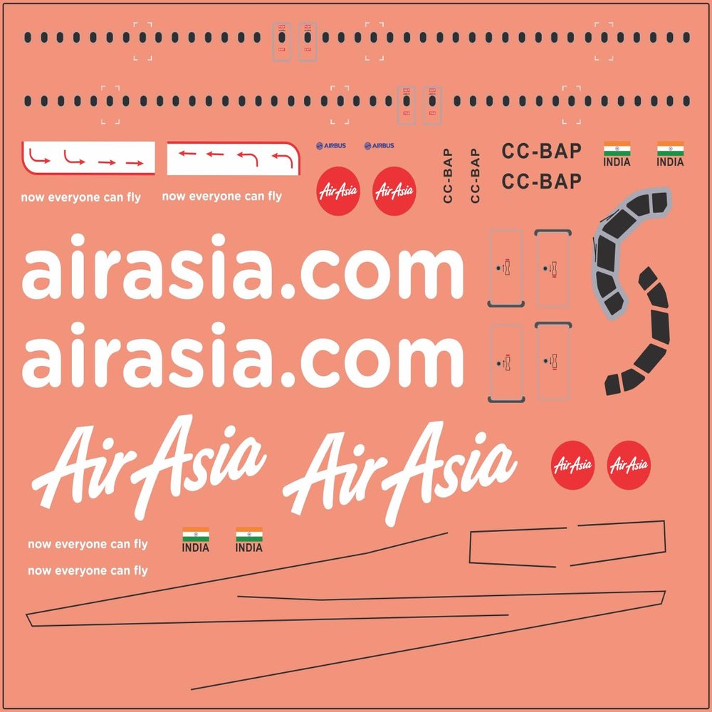 A320 NEO Air Asia Decal Set, Multi-Scale Waterslide Decals, 1/200, 1/144, 1/100, 1/72, 1/48 Scale, Highe-Quality Aircraft Markings for Model Building (1/48)