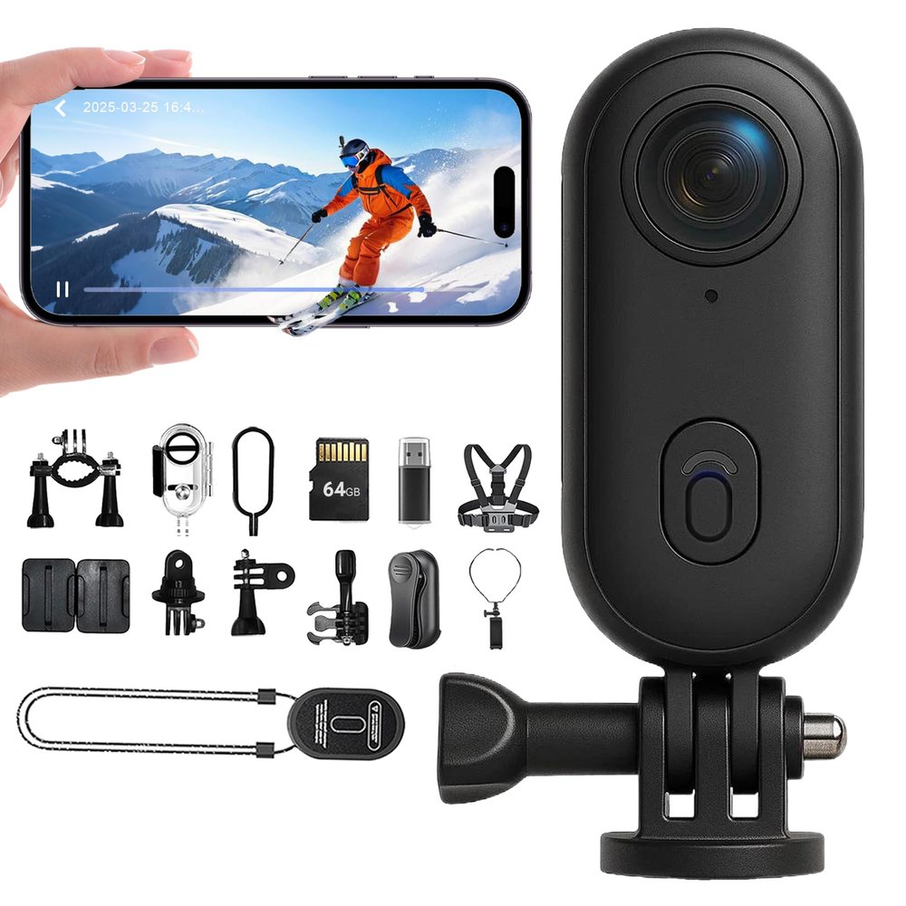 4K POV Ski Camera, Ultra Wide Angle 4K HD Wearable Body Adventure Action Cameras, for Skiing, Cycling and Other Outdoor Activities (Black-64GB)