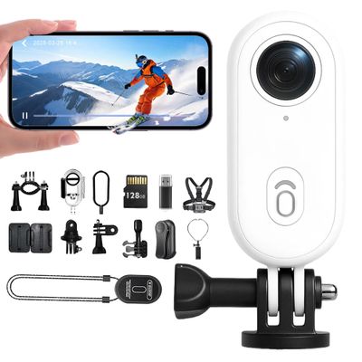 4K POV Ski Camera, Ultra Wide Angle 4K HD Wearable Body Adventure Action Cameras, for Skiing, Cycling and Other Outdoor Activities (White-128GB)