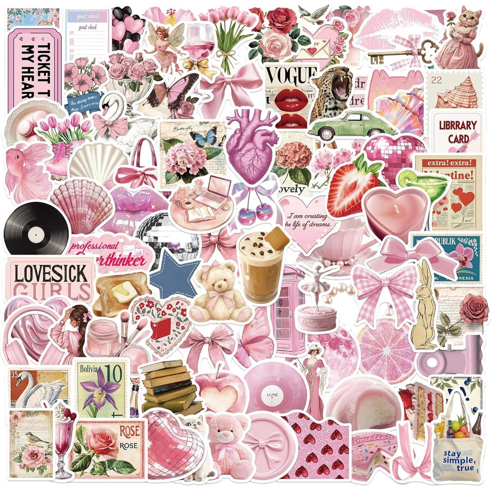 100PCS Aesthetic Vintage Girls Pink Stickers Coquette Pink Aesthetic Stickers for Water Bottles Laptop Scrapbook Computer Phone Guitar Journal Skateboard(Pink&Cartoon)