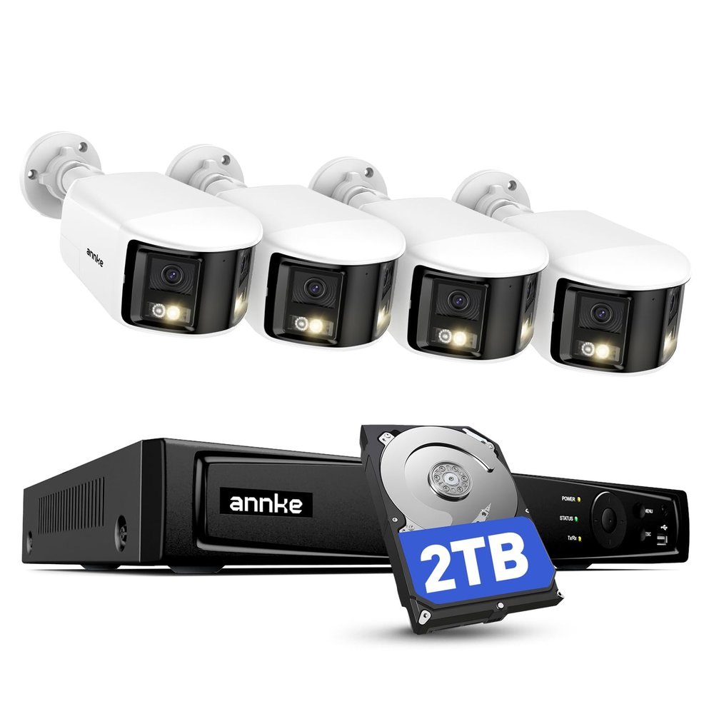 ANNKE 4K PoE Security Camera System with Dual Lens, 180Panoramic View, 12MP H.265+ NVR with 2TB HDD, 4pcs 8MP Wired IP Outdoor Cameras, Smart Human/Vehicle Detection, 2-Way Audio, Light & Sound Alarm