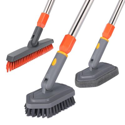 BITOPE Tub Scrubber with 3 Types of Brush Heads, Long Handle Shower Cleaning Brush, Stiff Bristles Brush & Sponge for Cleaning Bathtub, Wall, Tile, Bathroom, Grout line, Floor Gap