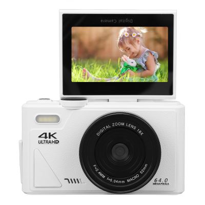 Wisoqu 64MP 4K Digital Camera for Photography, 18X Digital Zoom WiFi Mirrorless Camera with 3 Inch Flip Screen, for Travel Beginners Teens (White)