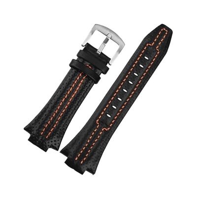 15X27MM Waterproof Sport Genuine Leather Watchband fit for Seiko sportura SNL029P2/SNL021P1/SNA595P2/SNL017P1(BlackOrange-Silver)