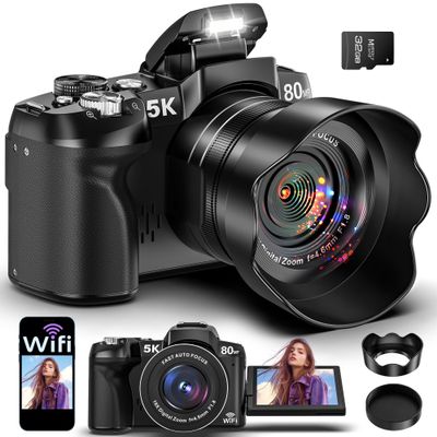 5K Digital Camera - 80MP WiFi Cameras for Photography - UHD Fast Autofocus Vlogging Camera for YouTube with 3" 270 Flip Screen - Travel Video Camara for Beginner with 18X Zoom, 32GB Card, Lens Hood