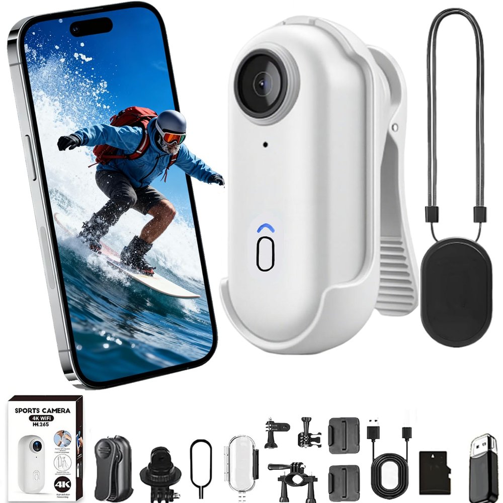 4K Mini Body Camera,Wearable Action Body Cam, Thumb Hands Free Waterproof Recording Wearable Cameras - POV Worn Portable Personal Camcorder - for Work Travel Pet Walk Swim (White 1080p,128g)