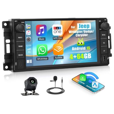 [4+64G] Android 15 Car Stereo for Jeep Wrangler/Dodge/Chrysler with Wireless Carplay&Android Auto,7 Inch Car Radio with Mirror Link,WiFi,GPS,Bluetooth,FM/RDS,SWC,32EQ,USB