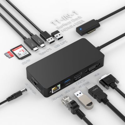 Surface Docking Station, 11-in-1 Surface Dock Dual Displays HDMI 4K@60HZ+VGA, Surface Pro Docking Station with Power Supply for Surface Pro 11/10/9/8/X/7/6/5/4/3, Book, Laptop, Go Dock