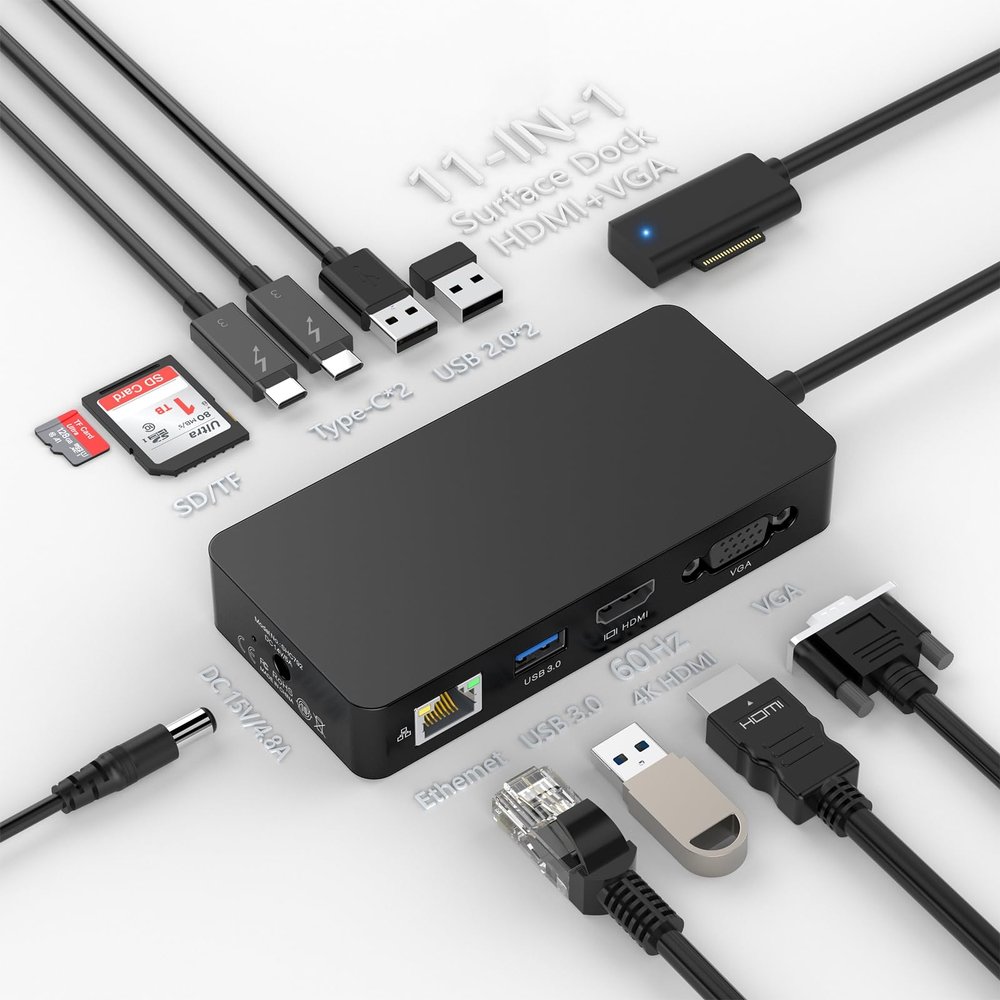 Surface Docking Station, 11-in-1 Surface Dock Dual Displays HDMI 4K@60HZ+VGA, Surface Pro Docking Station with Power Supply for Surface Pro 11/10/9/8/X/7/6/5/4/3, Book, Laptop, Go Dock