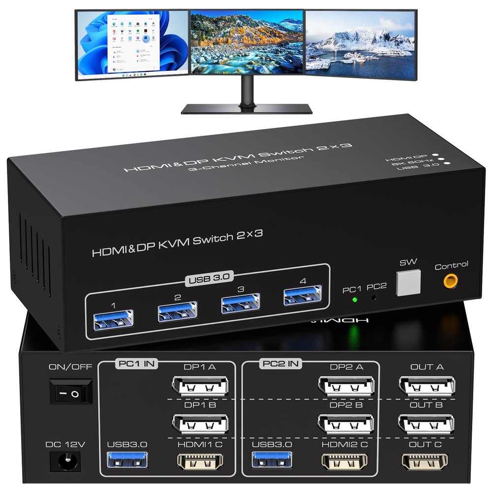 ATLAHET 8K KVM Switch 3 Monitors 2 Computers 8K 60Hz 4K 120Hz KVM Switches HDMI+2 Displayport for Two PC Share Triple Monitor and 4 USB 3.0 Devices Support Extended and Duplicate Mode-2DP+HDMI-15.5CM