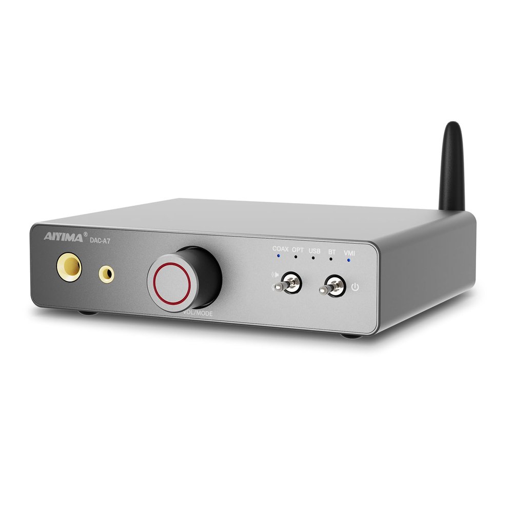 AIYIMA DAC A7 Mini Desktop Bluetooth DAC, USB C Digital to Analog Audio Converter for Home Stereo Amplifier,3.5mm | 6.35mm Dual Headphone Jacks, Optical/Coaxial Input, RCA Output