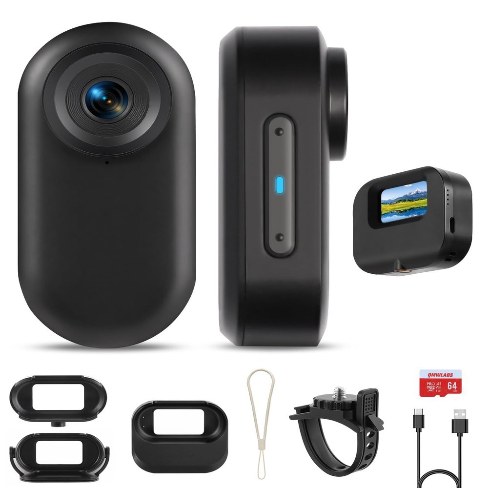 QMWLABS 64GB Magnetic Mini Body Camera with 1.5" Screen, 1080P 30fps Wearable Thumb Cam, 5H Hands-Free POV Recording for Sports, Riding, Vlog, Security, Pet & Home Monitoring (Black)