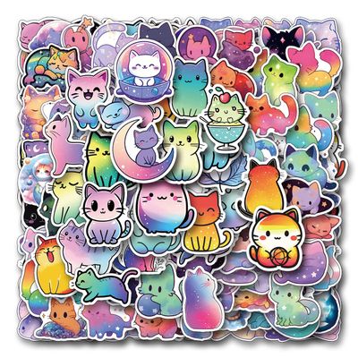 200Pcs Starry Sky Cats Stickers,Holographic Waterproof Funny Cat Water Bottle Stickers Waterproof Animals Sticker Self Adhesive Pet Reward Sticker for Rainbow Cat Party Favors