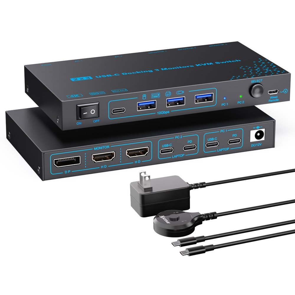 2 Laptops 3 Monitors KVM Switch 2 Port MST Dual USB-C Docking KVM Switches Triple Monitor Support Max 10Gbps USB Transfer Dual 4K@60Hz & One 1080P@60Hz Video Output, 100W PD Charging