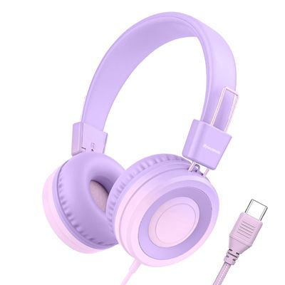 Bywulanda USB Type C Kids Headphone for School, 94dB Safe Volume Limited, Foldable Stereo Sound Tangle-Free Type C Cord, On-Ear Headphones for Boys/Girls/Students/Tablet/Travel(Gradient Purple)