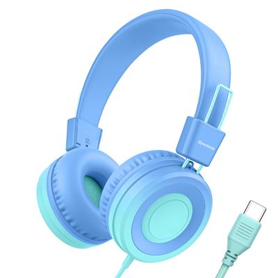 Bywulanda USB Type C Kids Headphone for School, 94dB Safe Volume Limited, Foldable Stereo Sound Tangle-Free Type C Cord, On-Ear Headphones for Boys/Girls/Students/Tablet/Travel(Gradient Blue)