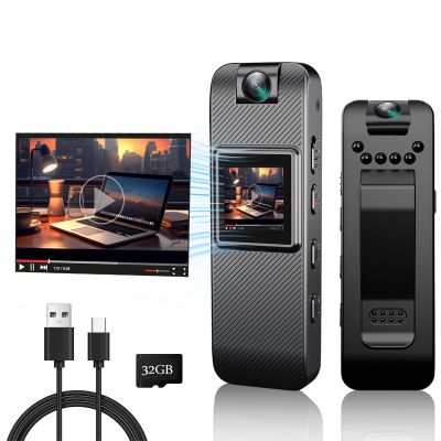 Mini Body Camera HD 1080P Wearable Video Recorder, Small Security Camera with 32GB SD Card Night Vision 1.3 Inch Display 180 Rotatable Lens, Portable Body Cam for Law Enforcement/Sports/Delivery