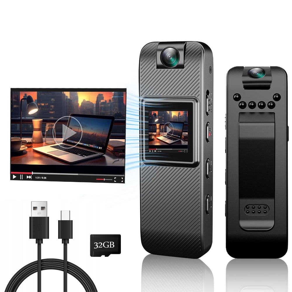 Mini Body Camera HD 1080P Wearable Video Recorder, Small Security Camera with 32GB SD Card Night Vision 1.3 Inch Display 180 Rotatable Lens, Portable Body Cam for Law Enforcement/Sports/Delivery