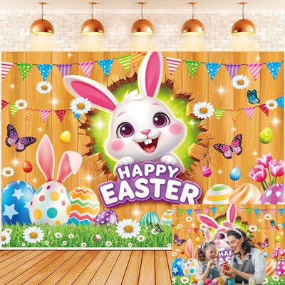 Happy Easter Backdrop Spring Easter Bunny Rabbit Colorful Eggs Floral Green Grass Wooden Banner Background Kids Birthday Party Yard Decoration Photo Booth Props Event Supplies 7x5FT