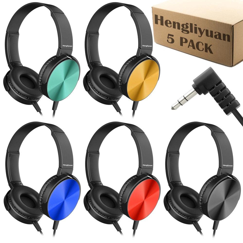 Hengliyuan Kids Headphones for School Classroom Bulk 5 Pack,Swivel Foldable,3.5mm Jack,Wired Over Ear Headphones for Kids Children Boys Girls Teen Toddler Teachers(HLY003 5 Colors)