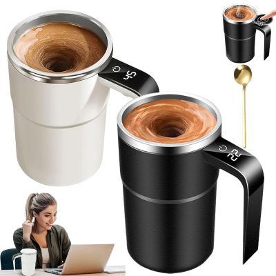 13 OZ Electric Coffee Mug with a Built-In Lcd Thermometer, Self Stirring Mug with Lid, Automatic Hot Beverage Warmer Travel Cup, Perfect for Brewing Coffee, Milk, Cocoa, Etc (2Pcs, B)