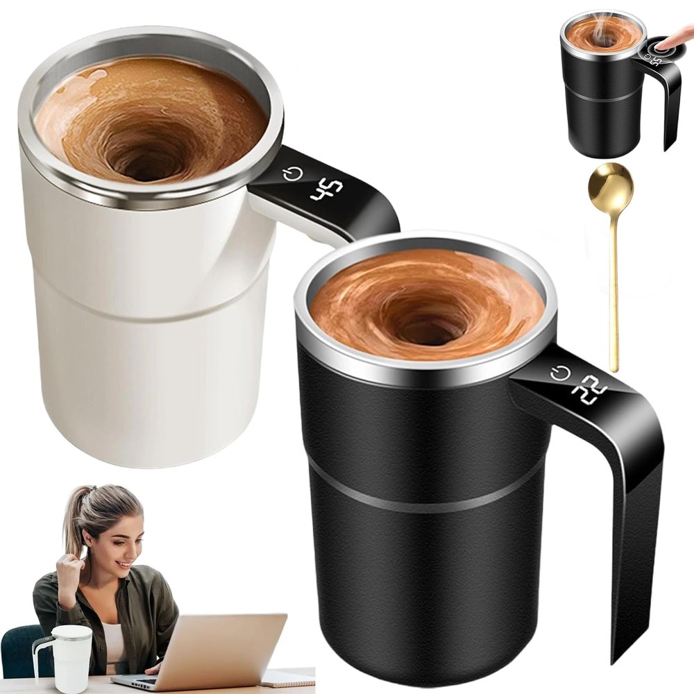 13 OZ Electric Coffee Mug with a Built-In Lcd Thermometer, Self Stirring Mug with Lid, Automatic Hot Beverage Warmer Travel Cup, Perfect for Brewing Coffee, Milk, Cocoa, Etc (2Pcs, B)
