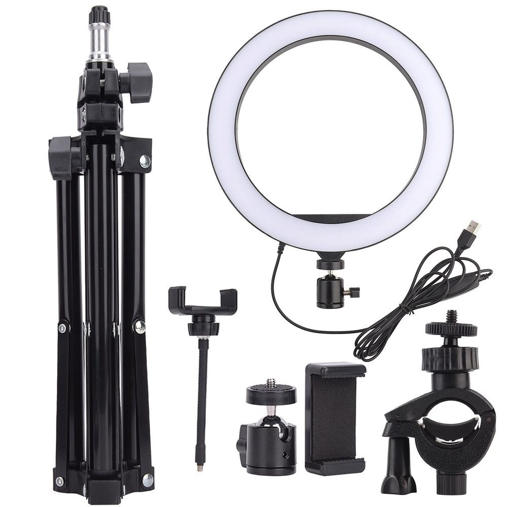 10in LED Ring Light, Dimmable Photography Lamp with USB Port, Foldable Tripod and Phone Clip, 3 Lighting Colors for Live Streaming, Beauty Makeup, YouTube Videos