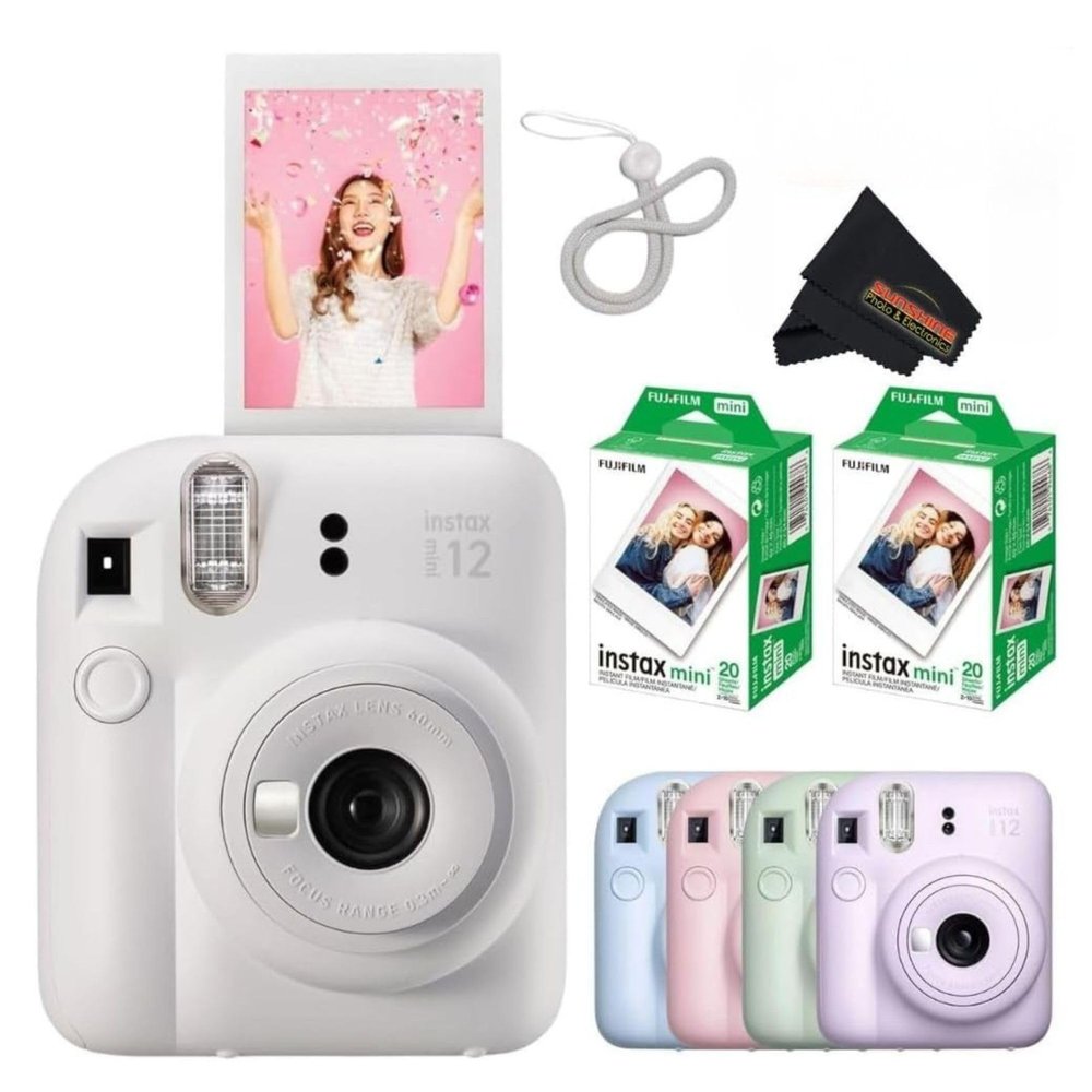 Fujifilm Instax Mini 12 Instant Camera (Clay White w/ 2X Twin Packs)