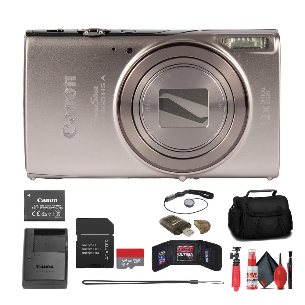 Canon PowerShot ELPH 360 HS A Digital Camera (Silver) (7283C001) + 64GB Memory Card + Case + Card Reader + Flex Tripod + Memory Wallet + Cap Keeper + Cleaning Kit