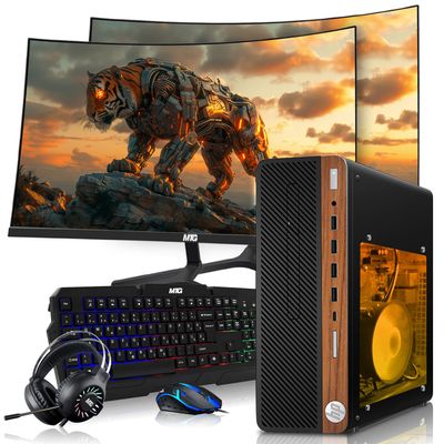 HP Half Dark Gaming PC Desktop Computer  AMD Pro A10-9700,GT 1030 Graphics,8GB RAM,1TB SSD,Dual 27 Inch Curved Monitor,RGB Keyboard with AI Copilot,Mouse,WiFi,RGB Headphone,Windows 11(Renewed)