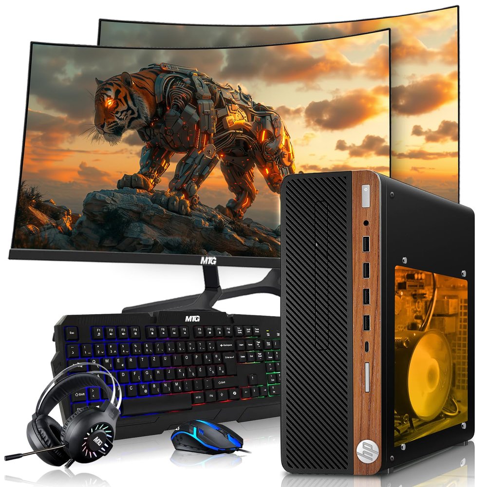 HP Half Dark Gaming PC Desktop Computer  AMD Pro A10-9700,GT 1030 Graphics,8GB RAM,1TB SSD,Dual 27 Inch Curved Monitor,RGB Keyboard with AI Copilot,Mouse,WiFi,RGB Headphone,Windows 11(Renewed)