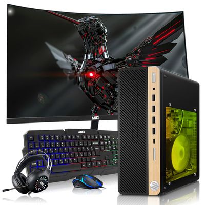 HP Half Light Gaming PC Desktop Computer  AMD Pro A10-9700,RX 550 Graphics,16GB RAM,256GB SSD,27 Inch Curved Monitor,RGB Keyboard with AI Copilot,Mouse,WiFi,RGB Headphone,Windows 11(Renewed)