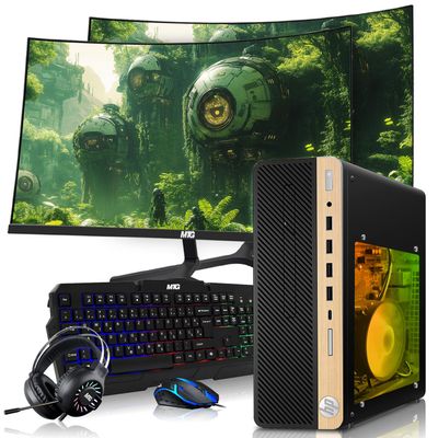 HP Half Light Gaming PC Desktop Computer  AMD Pro A10-9700,RX 550 Graphics,8GB RAM,1TB SSD,Dual 32 Inch Curved Monitor,RGB Keyboard with AI Copilot,Mouse,WiFi,RGB Headphone,Windows 11(Renewed)