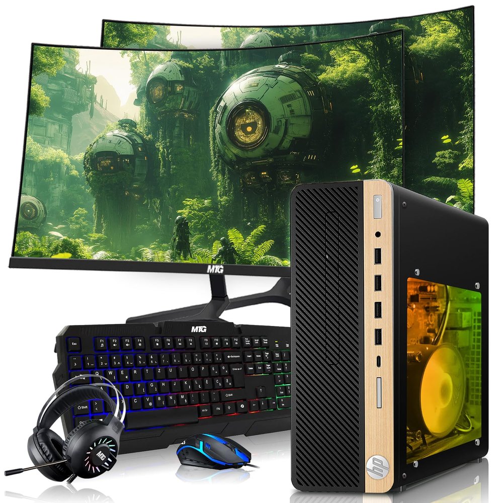 HP Half Light Gaming PC Desktop Computer  AMD Pro A10-9700,RX 550 Graphics,8GB RAM,1TB SSD,Dual 32 Inch Curved Monitor,RGB Keyboard with AI Copilot,Mouse,WiFi,RGB Headphone,Windows 11(Renewed)