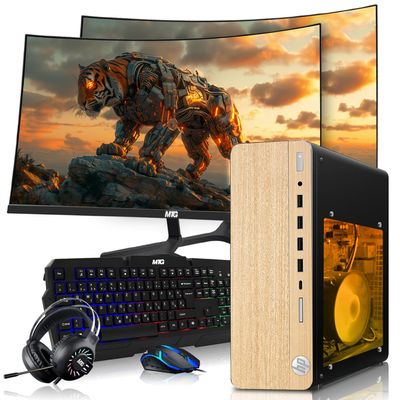 HP Full Light Gaming PC Desktop Computer  AMD Pro A10-9700,RX 550 Graphics,16GB RAM,512GB SSD,Dual 27 Inch Curved Monitor,RGB Keyboard with AI Copilot,Mouse,WiFi,RGB Headphone,Windows 11(Renewed)