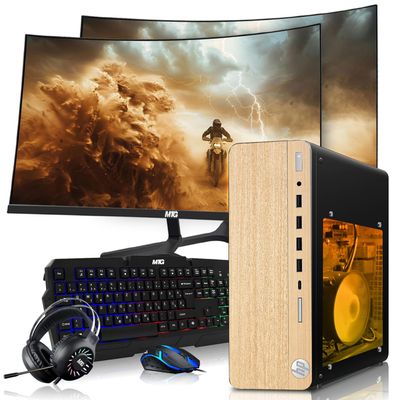 HP Full Light Gaming PC Desktop Computer  AMD Pro A10-9700,GT 1030 Graphics,8GB RAM,256GB SSD,Dual 24 Inch Curved Monitor,RGB Keyboard with AI Copilot,Mouse,WiFi,RGB Headphone,Windows 11(Renewed)