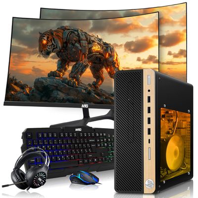 HP Half Light Gaming PC Desktop Computer  AMD Pro A10-9700,GT 1030 Graphics,16GB RAM,1TB SSD,Dual 27 Inch Curved Monitor,RGB Keyboard with AI Copilot,Mouse,WiFi,RGB Headphone,Windows 11(Renewed)