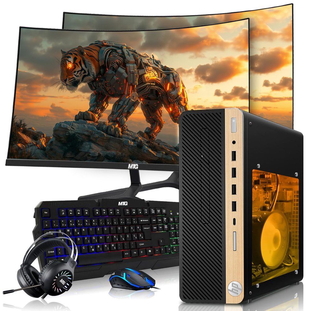 HP Half Light Gaming PC Desktop Computer  AMD Pro A10-9700,GT 1030 Graphics,16GB RAM,1TB SSD,Dual 27 Inch Curved Monitor,RGB Keyboard with AI Copilot,Mouse,WiFi,RGB Headphone,Windows 11(Renewed)