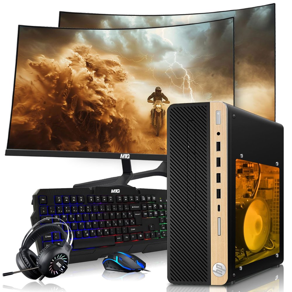 HP Half Light Gaming PC Desktop Computer  AMD Pro A10-9700,GT 1030 Graphics,16GB RAM,256GB SSD,Dual 24 Inch Curved Monitor,RGB Keyboard with AI Copilot,Mouse,WiFi,RGB Headphone,Windows 11(Renewed)