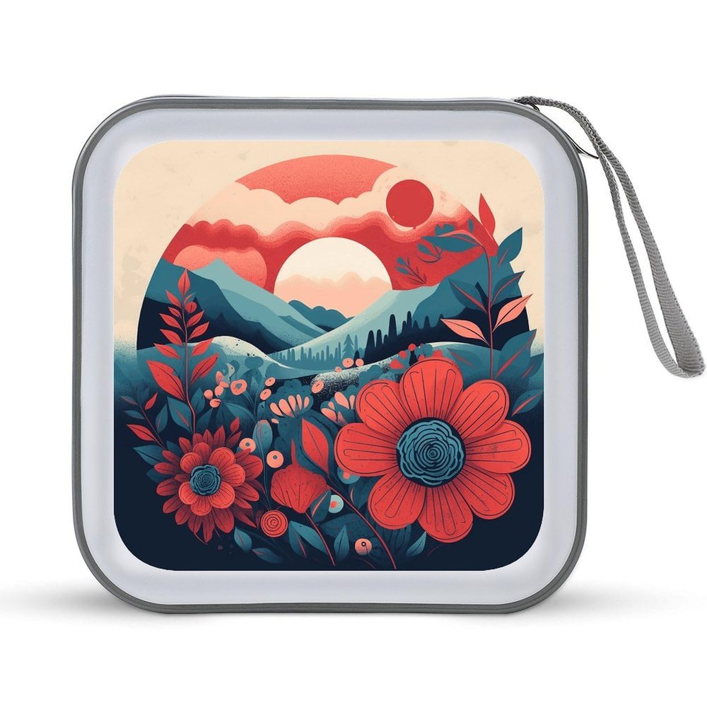 FekiLoot Sunrise And Flowers CD Case 40 Capacity DVD Case Holder Portable Zipper CD Cases Holder Large Storage Disc Wallet Bag Hard Plastic DVD Cases for Car Home Travel