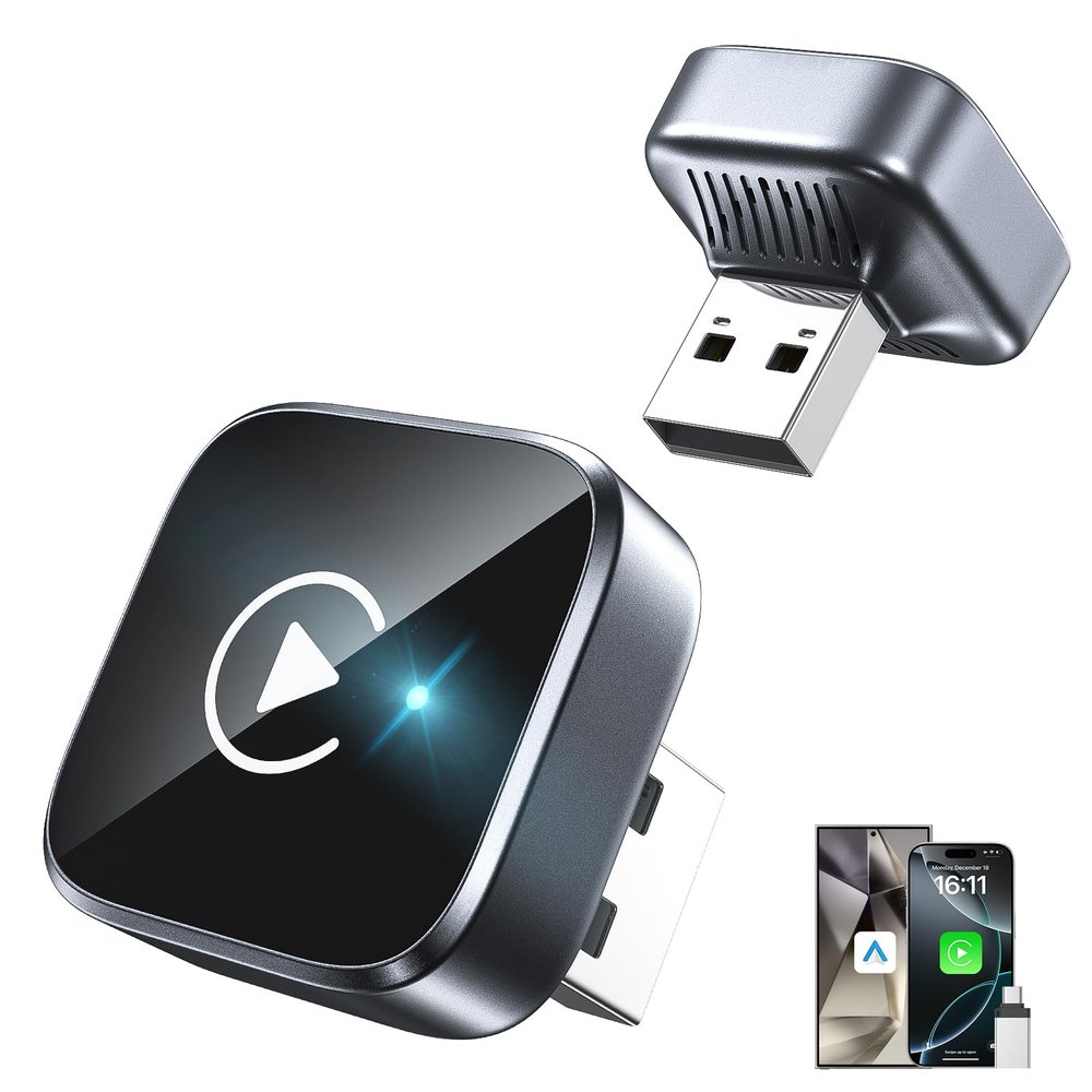 2-in-1 Wireless CarPlay Adapter 2026 Support Apple CarPlay & Android Auto, Mini Bluetooth USB A & USB C Dongle Convert Wired to Wireless Compatible with iPhone & Android