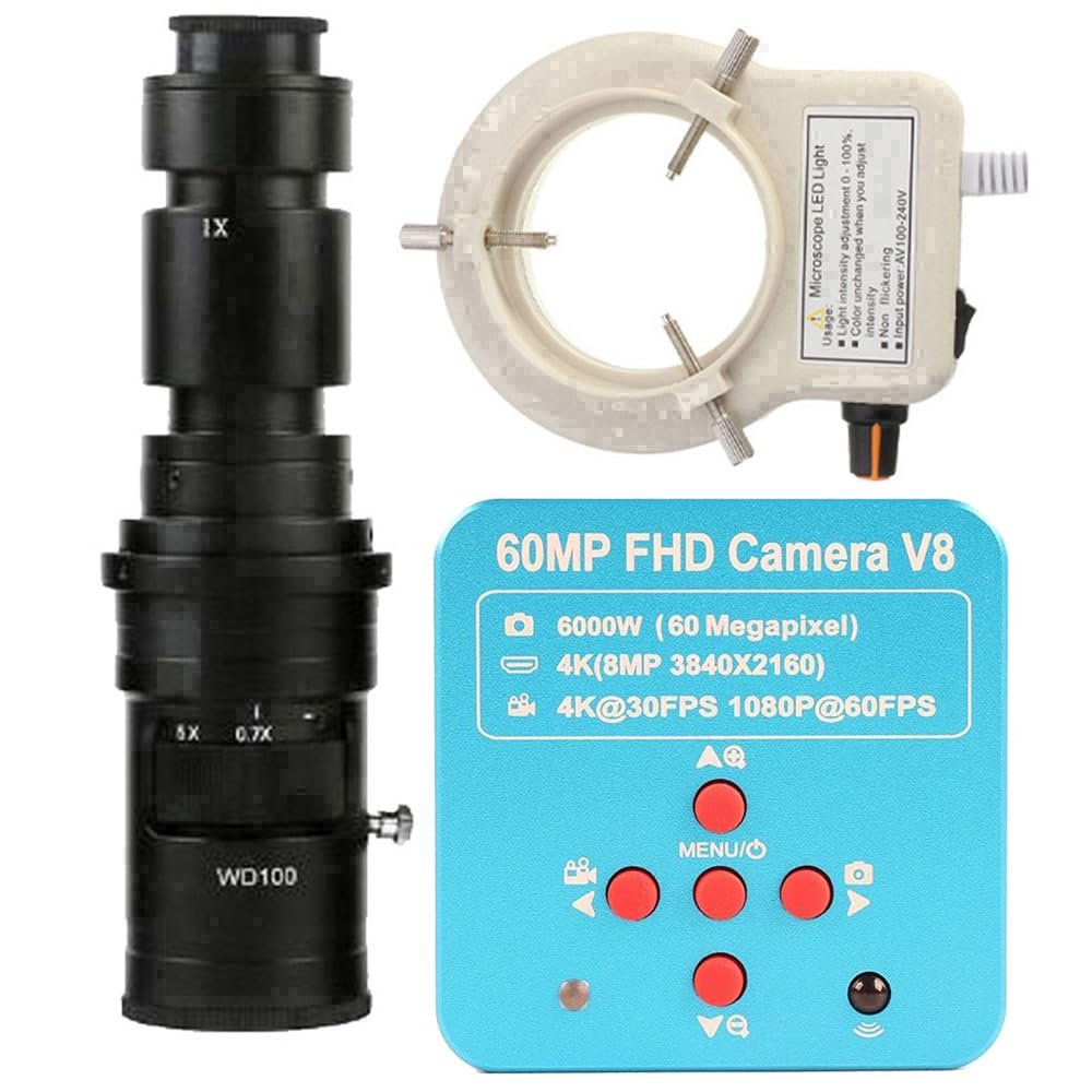 1080P 60MP HDMI USB Industrial Electronic Digital Microscope Camera & 500X C-Mount Lens With 56-LED Adjustable Ring Light
