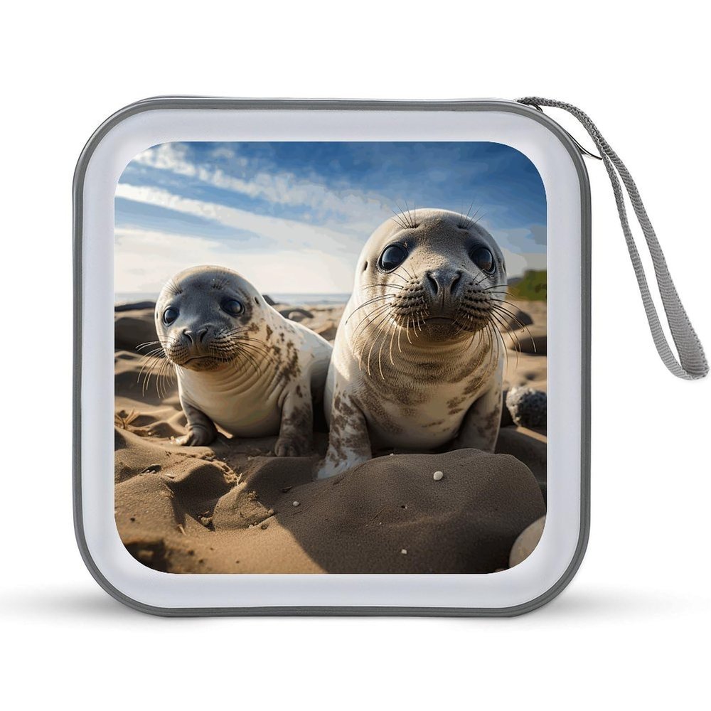 FekiLoot Seal on The Beach CD Case 40 Capacity DVD Case Holder Portable Zipper CD Cases Holder Large Storage Disc Wallet Bag Hard Plastic DVD Cases for Car Home Travel