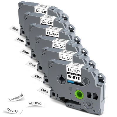 12mm 0.47 Laminated White Tape Replacement for Brother TZe-231 Tze231 Label Maker Tape P-Touch TZ TZe 231 1/2" for PT-D220 D210 H110 D200 D400 1280 D610BT Black on White TZE231 Label Refills, 6-Pack