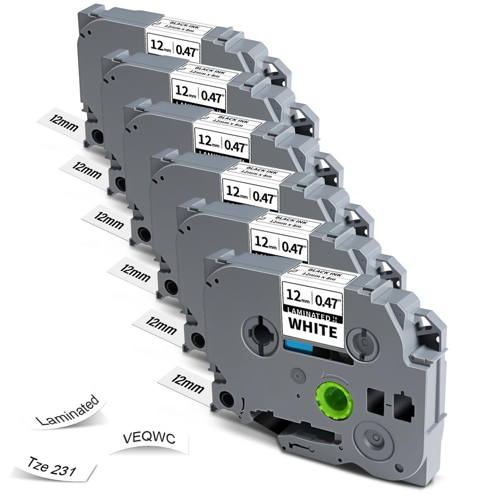 12mm 0.47 Laminated White Tape Replacement for Brother TZe-231 Tze231 Label Maker Tape P-Touch TZ TZe 231 1/2" for PT-D220 D210 H110 D200 D400 1280 D610BT Black on White TZE231 Label Refills, 6-Pack