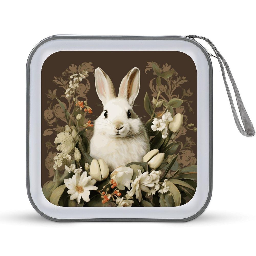 FodPand A Beautiful White Rabbit CD Case 40 Capacity CD Holder Organizer Portable Zipper DVD Collection Storage Bag Compact Cases Storage Binder Plastic Holder Disc Car Home Travel
