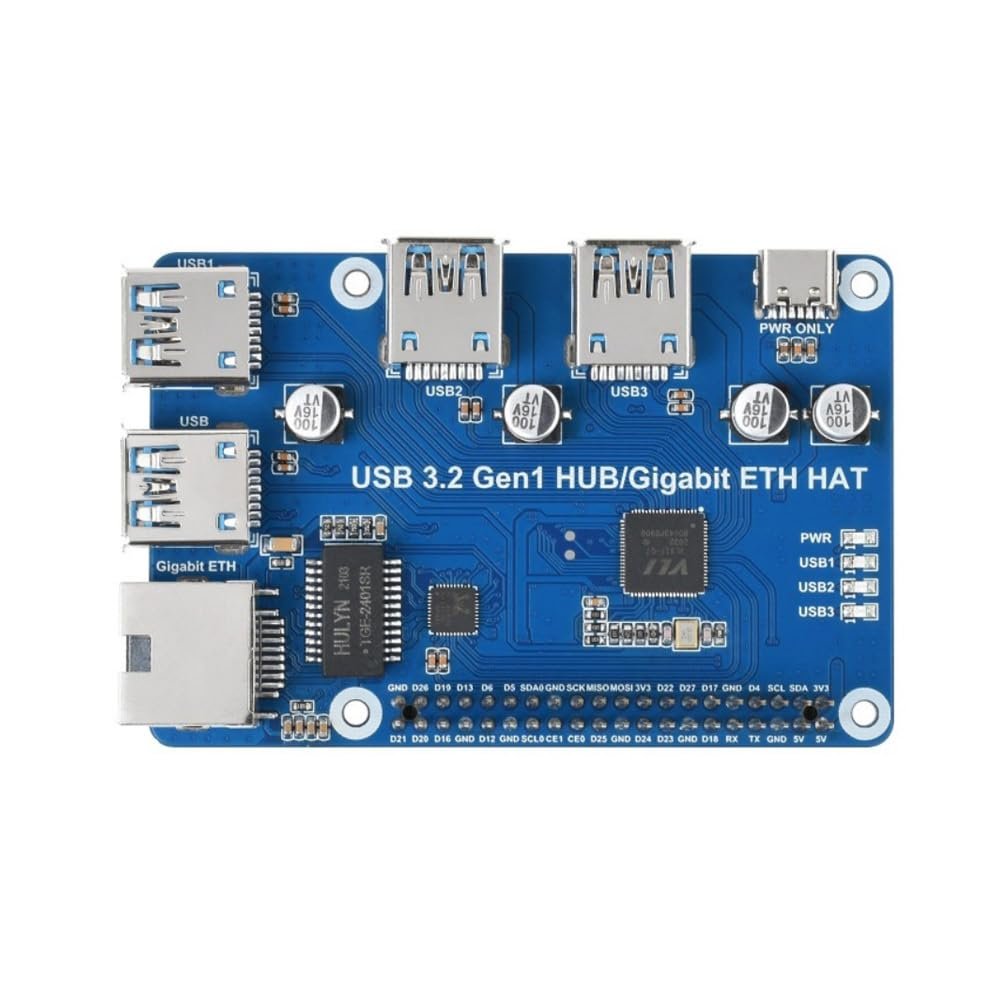 USB 3.2 Gen1 and Gigabit Ethernet HUB HAT for Raspberry Pi, 3X USB, 1x Gigabit ETH, Driver-Free